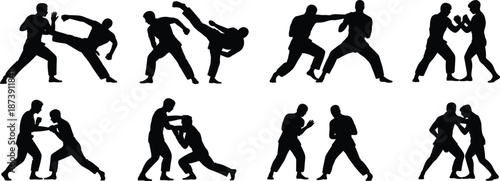Martial arts fighting silhouettes set, two fighters sparring kicking punching poses, combat sport self defense action collection, isolated black warrior outline illustration