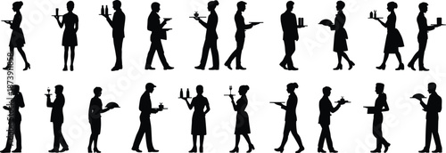 Waiter waitress silhouettes collection, restaurant staff serving food drinks walking poses, hospitality service profession set, isolated black catering people outline illustration