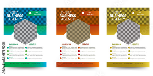 Three designs of digital business agency flyers  in contemporary colors and shapes,  along with expert presentation marketing