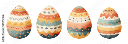 Watercolor set of Easter eggs. Painted eggs with geometric ornaments. Elements for Easter and spring designs. Easter symbol. Vector illustration. Vector illustration.