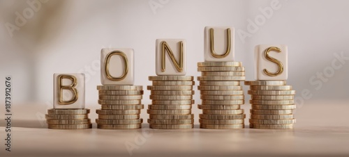 The Stacked Coins with Bonus Letter Blocks Representing Growing Financial Reward and Incentives