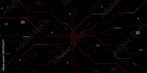 Red circuit board on a dark technological background. Thin lines and dots. Glowing light dark neon AI chip with thin circuit contact lines. 