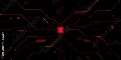 Red circuit board on a dark technological background. Thin lines and dots. Glowing light dark neon AI chip with thin circuit contact lines. 