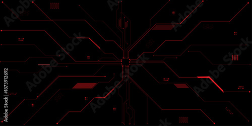 Red circuit board on a dark technological background. Thin lines and dots. Glowing light dark neon AI chip with thin circuit contact lines. 