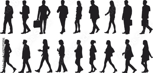 Business people silhouettes collection, professional men and women walking standing poses, corporate office workforce concept, isolated black human outline illustration