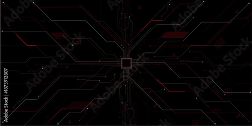 Red circuit board on a dark technological background. Thin lines and dots. Glowing light blue neon AI chip with thin circuit contact lines. 