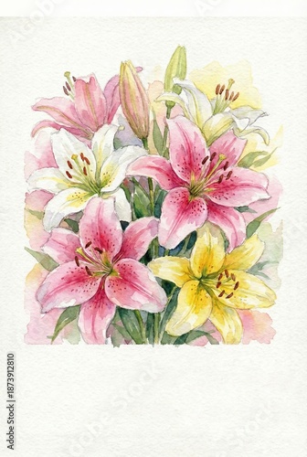 A captivating display of watercolor lilies, their delicate petals and vibrant hues conveying the elegance and grace of nature's artistry. The bouquet is a testament to the beauty of life.