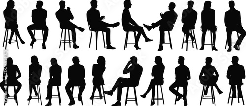 People sitting silhouettes collection, men and women seated on chairs stools poses, casual conversation concept, isolated black human outline illustration set