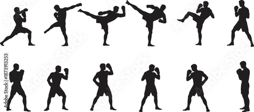 Kickboxing and boxing silhouettes set, fighters kicking punching combat poses, martial sport training collection, isolated black athlete outline illustration