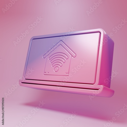 Purple-pink Laptop with smart home with wi-fi icon isolated on pink background. Remote control. Minimalism concept. 3D render illustration
