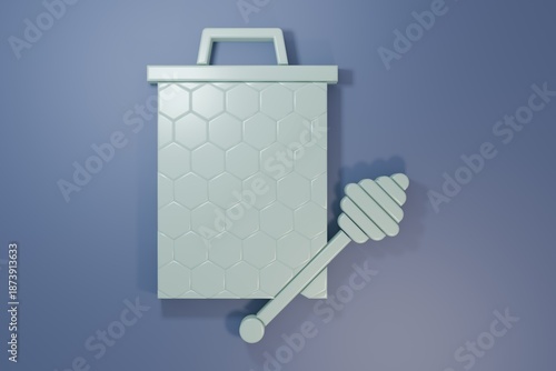 Grey Honeycomb with honey dipper stickicon isolated on purple-blue background. Honey ladle. Honey cells symbol. Sweet natural food. Minimalism concept. 3D render illustration