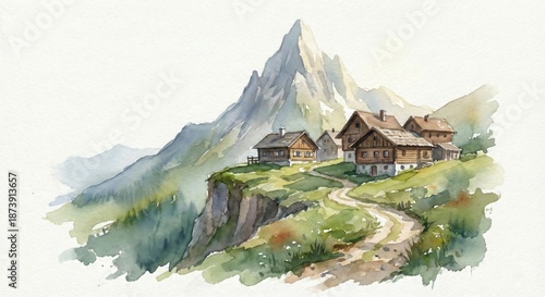 A picturesque mountain village nestled amidst rugged peaks, featuring a rustic charm and serene ambiance in a watercolor-like rendering.