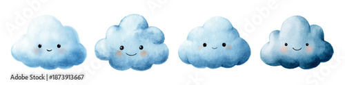 Watercolor set of cute clouds with emotions. Cartoon watercolor clouds with kind raindrops. Hand drawn illustrations of children's characters. Elements for children's designs, weather, Earth Day, etc.