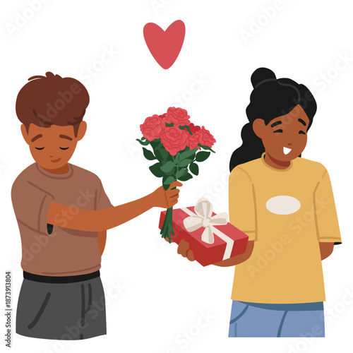 Cute preteen girl and boy exchanging gifts on Valentines Day with emotion of shy and happy