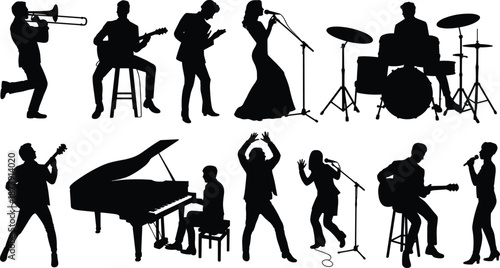 Musician silhouettes band performance set, singers guitarists drummers pianists playing instruments, live music concert collection, isolated black artist outline illustration