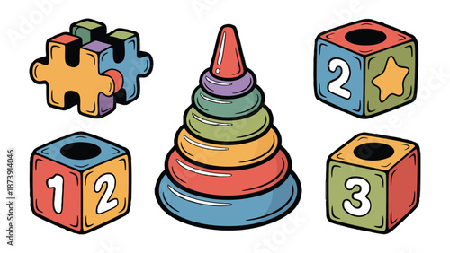 Colorful Playtime Essentials: A vibrant array of children's toys, including a jigsaw puzzle, a stackable ring, and numeral blocks, evoke a sense of playfulness and discovery.