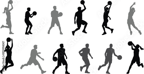 Basketball player silhouettes collection, male and female athletes shooting dribbling jumping poses, dynamic sport action set, isolated outline illustration