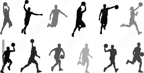 Basketball player silhouettes set, athletes jumping shooting dribbling poses, dynamic sport action collection, isolated black and gray player outline illustration