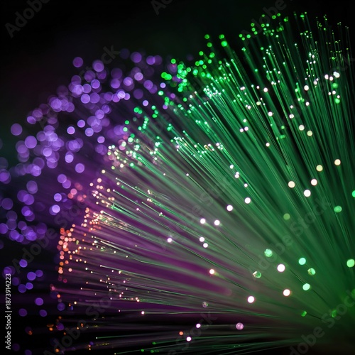 Glowing green and purple fiber-optic cables in close-up.