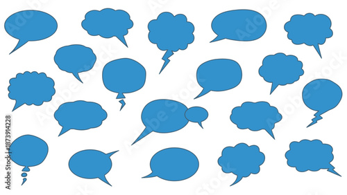 Assorted Blue Speech Bubbles with Various Shapes and Outlines Isolated.