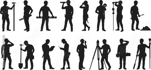 Construction worker silhouettes set, builders engineers surveyors working poses, industrial labor profession collection, safety helmet tools outline illustration
