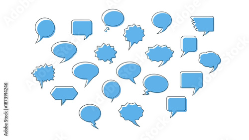 Assortment of Blue Speech Bubbles with Black Outlines Various Shapes and Sizes.