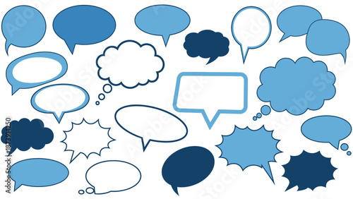 Assortment of Blue Speech Bubbles with Various Shapes and Outlines.