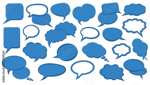 Assortment of Blue Speech Bubbles in Various Shapes and Styles.