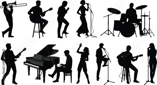 Musician silhouettes performance set, singers guitarists drummers pianists playing instruments, live music band concert collection, isolated black artist outline illustration