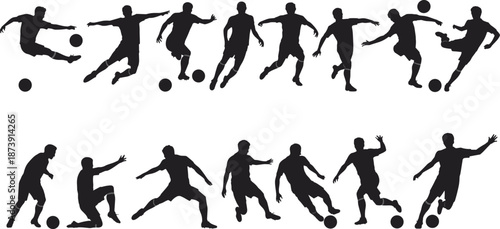 Soccer player silhouettes set, football athletes jumping kicking dribbling poses, dynamic sport action collection, isolated black player outline illustration