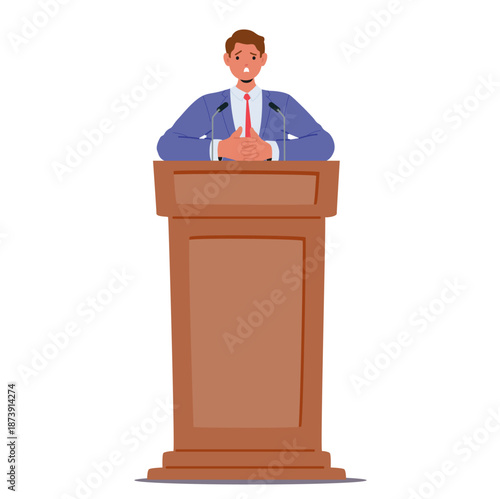 Doubtful discouraged male politician cartoon character hands folded uncertainly standing at tribune