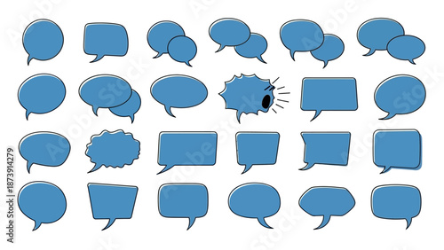 Collection of Blue Speech Bubbles with Black Outlines Various Shapes.