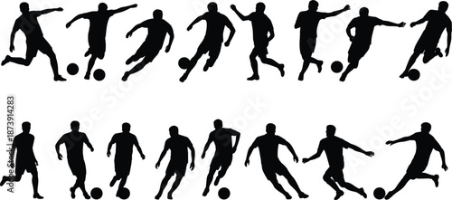 Soccer player silhouettes action set, football athletes dribbling kicking running poses, sport motion collection, isolated black player outline illustration
