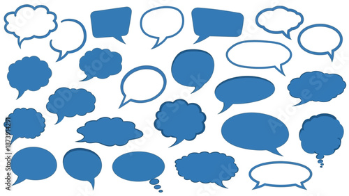 Collection of Blue Speech Bubbles in Various Shapes and Styles.