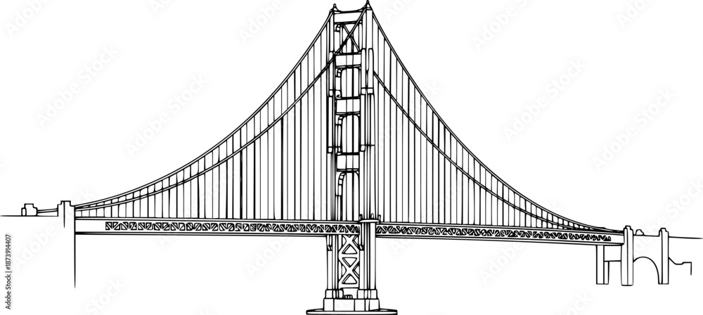 Fototapeta premium Suspension Bridge City Landmark Vector Line Icon Illustration