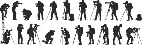 Photographer, silhouettes, camera, tripod, photojournalist, paparazzi, professional, shooting, photography, media, press, people, poses, studio, outdoor, work, figures, set