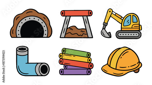 Construction Site Elements: An array of construction elements, like tunnel, safety barriers, excavator and pipes, etc, essential tools and components of construction processes, isolated on display.
