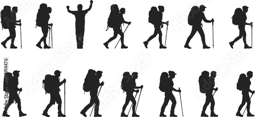 Hiker, silhouettes, backpackers, trekking, hiking, walking, adventure, travel, outdoor, exploration, camping, mountaineering, people, movement, poses, isolated, white, background, black, human