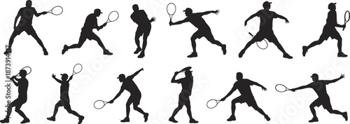Tennis player silhouette set, male athlete action poses, racket swing movements, sports training concept, professional tennis match figures isolated on white background