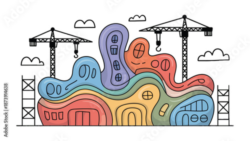 Building Dreamscapes: A whimsical illustration showcases the process of construction, with colorful, abstract forms taking shape under the watchful eye of cranes.