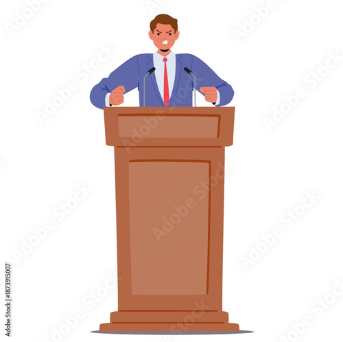 Aggressive male politician character shouting expressing madness at tribune isolated on white