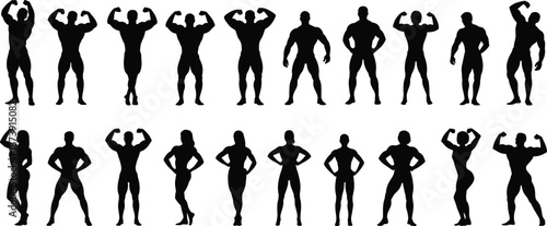 Bodybuilding men silhouettes posing muscles, strong fitness athletes flexing, muscular bodybuilders standing confident, gym strength concept figures isolated white