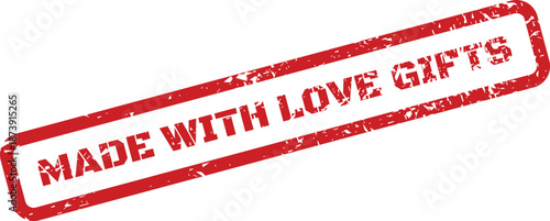 Red grunge rubber stamp featuring MADE WITH LOVE GIFTS text for handcrafted presents and thoughtful products