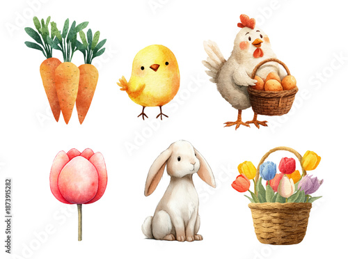 Spring Easter collection with bunnies, tulips, chicks, etc. Elements for Easter and spring designs. Cute spring cliparts. Vector illustration.