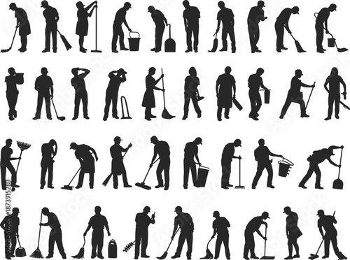 Cleaning workers silhouette set, janitor people with tools, sanitation staff working poses, professional cleaners collection, housekeeping and maintenance concept isolated