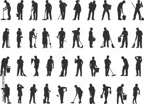 Cleaning workers silhouette collection, janitor people working poses, sanitation staff with tools, professional cleaners set, housekeeping service concept isolated