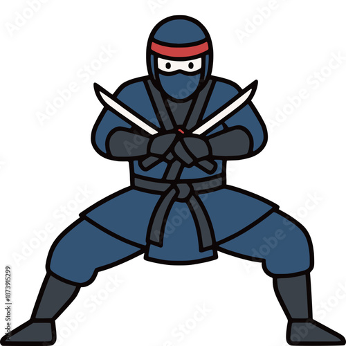 Ninja warrior poised with dual swords in combat stance