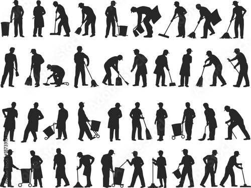 Cleaning workers silhouettes set, janitor people working poses, housekeeping staff with tools, professional cleaners collection, sanitation service concept isolated