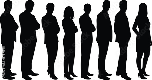 Business people silhouettes standing in line, professional men and women teamwork concept, corporate group profile view, office staff black silhouettes isolated