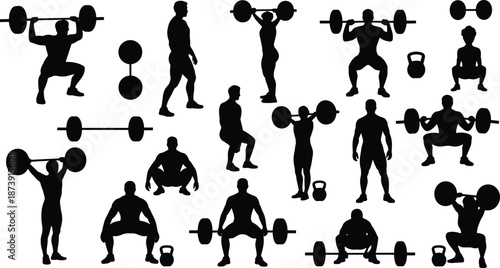 Fitness workout silhouettes with barbells and kettlebells, strength training exercises, weightlifting athletes, gym fitness routine, power lifting concept, black human figures